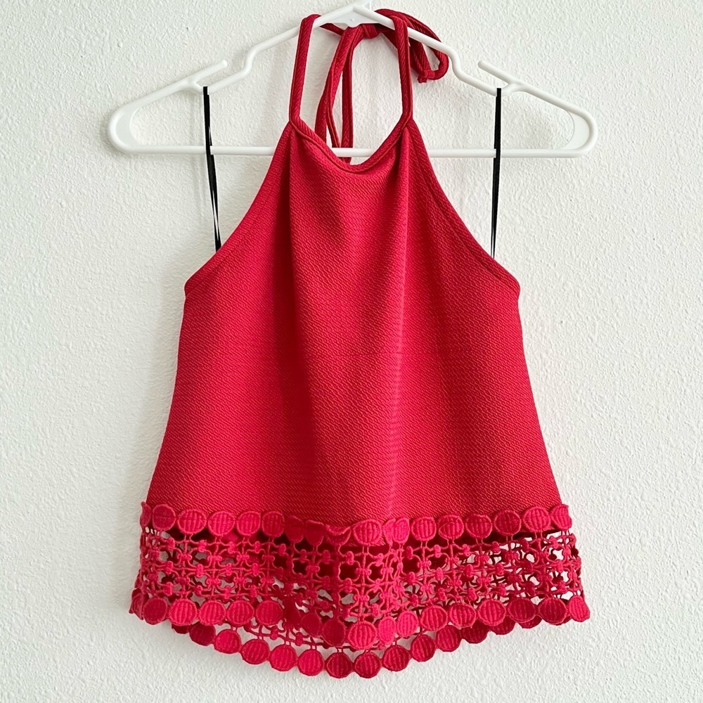 Streetwear Society Red Maroon Crochet Fringe Cropped Halter Top Size Large